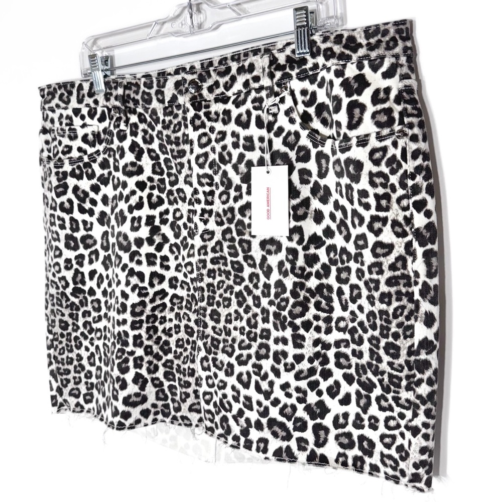 NWT Good American Leopard Print Fringe Hem White Black Jean Skirt Size 18 - Picture 8 of 12